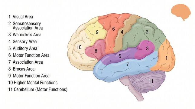 Anatomical map of functional areas of the human brain with neurology, function