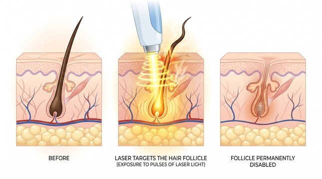 Laser hair removal follicle destruction medical procedure diagram with follicle