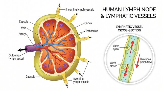 Human lymph node structure and lymphatic vessel system anatomy with scientific
