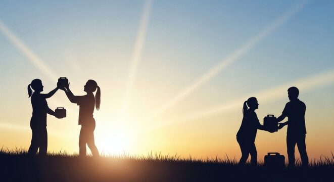 Silhouettes of People Helping Each Other at Sunset &ndash; Teamwork and Compassion