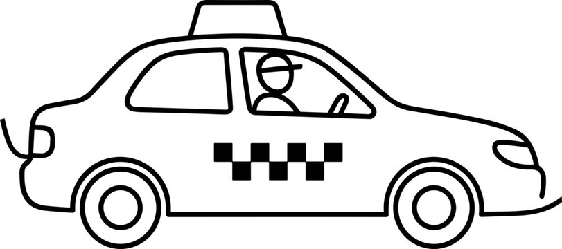 Simple Line Art Taxi Cab with Driver Icon, Black and White Vector Illustration