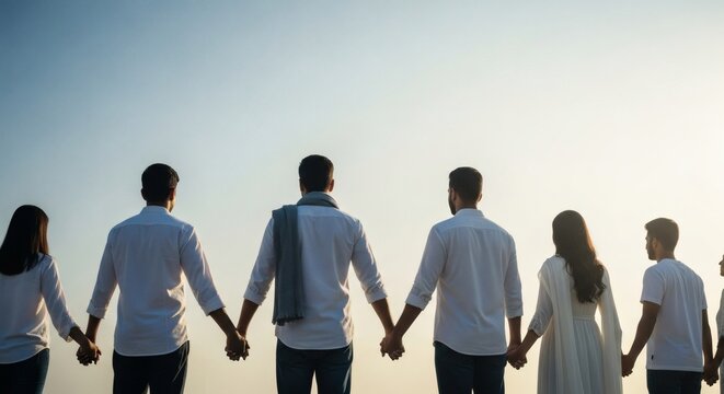 Diverse People Holding Hands at Sunset &ndash; Unity and Community Support Concept