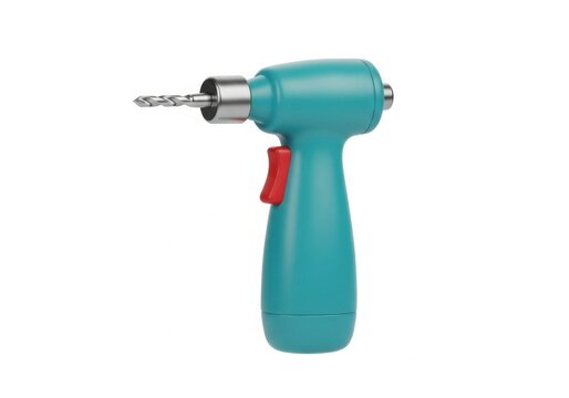 Teal power drill with red trigger on white background