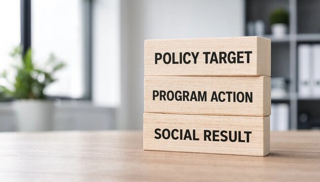 Stacked wooden blocks displaying policy target program action and social result concept in office setting