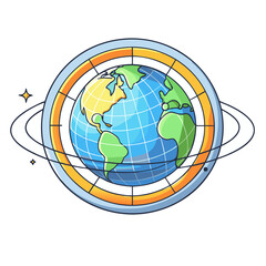 Stylized earth globe vector icon with colorful circular border and orbital planetary rings © Muhamad