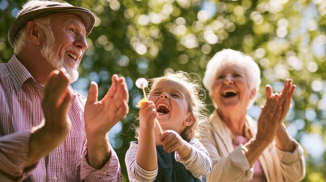 Elderly man and woman with gray hair and a young girl laughing and clapping together outdoors in a sunny park with green trees in the background