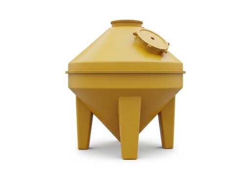 Yellow conical plastic storage tank on white background