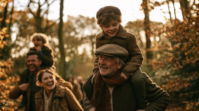 Family enjoying a walk in autumn forest, two children on shoulders of adults, warm colors of foliage and sunlight filtering through trees in the background
