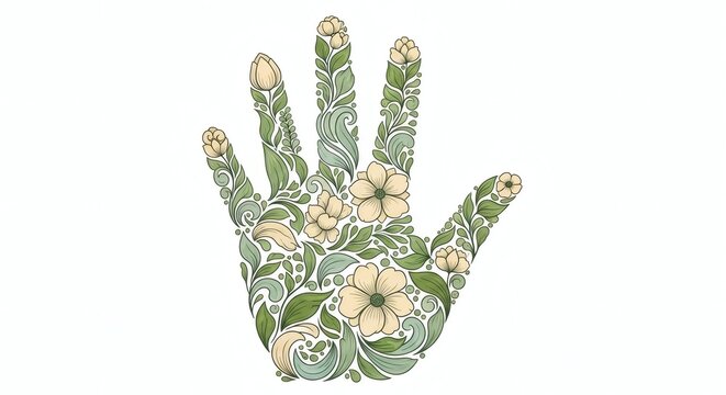 Botanical Hand Illustration with Leaves and Flowers &ndash; Creative Nature Concept