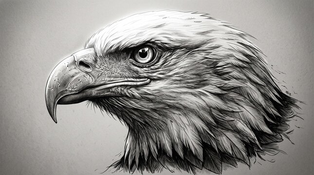 A detailed black-and-white sketch illustration showing a side profile of a majestic eagle's head, focusing on its sharp gaze, hooked beak, and textured plumage.