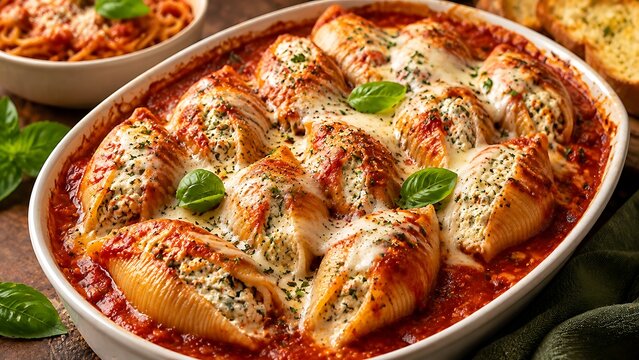 Italian baked pasta shells stuffed with creamy ricotta cheese and red sauce
