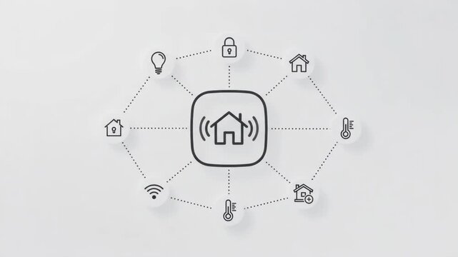 Smart home automation technology network icon set illustrating connected internet of things devices and security systems for residential efficiency