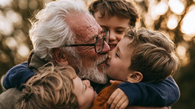 Elderly man with gray hair and glasses embraces three young boys, sharing a joyful moment outdoors with soft sunlight filtering through trees in the background
