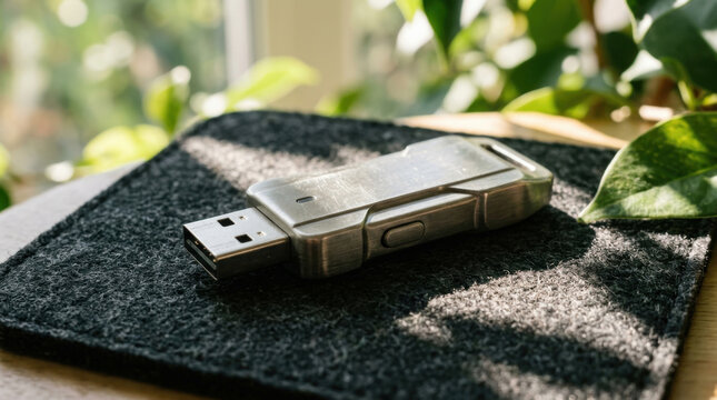 USB flash drive close up, metal memory device, portable storage, desktop surface, soft light, blurred plant background