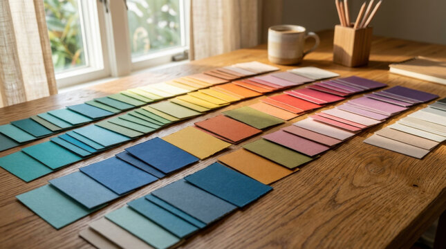 Color palette swatch cards on wooden table in warm sunlight, interior still life with sample cards and color chart