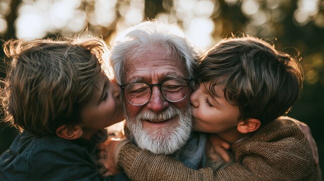 Elderly man with gray hair and glasses smiles as two young boys with brown hair kiss his cheeks in a natural outdoor setting with soft sunlight filtering through trees