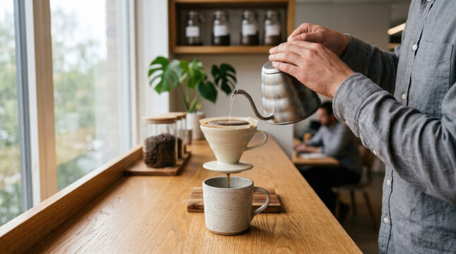 Pour over coffee coffee mug coffee cup coffee filter kettle hand cafe counter window light kitchen ceramic wooden table cafe interior brewing pour