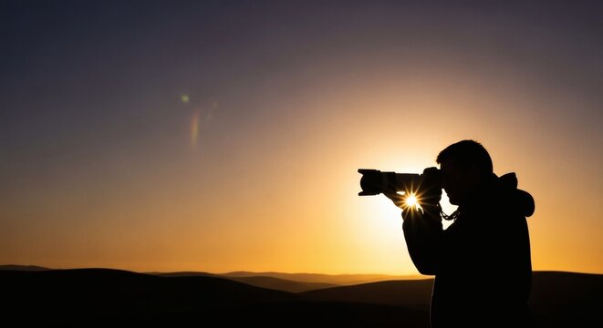 Photographer Silhouette at Sunset Capturing Landscape &ndash; Creative Vision Concept