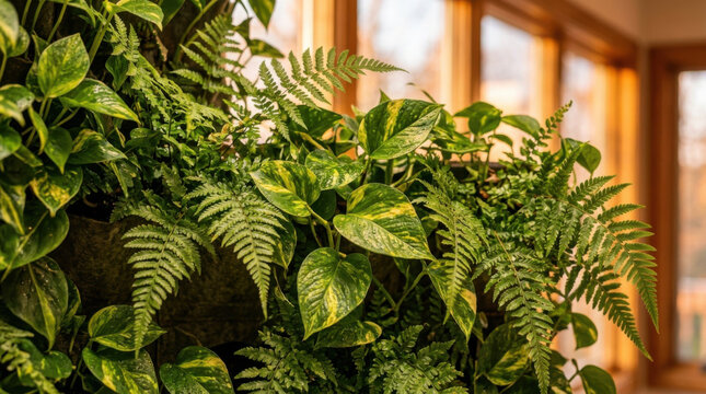 Living plant wall facade close up, fern and leaf texture, indoor garden, warm light, natural decor