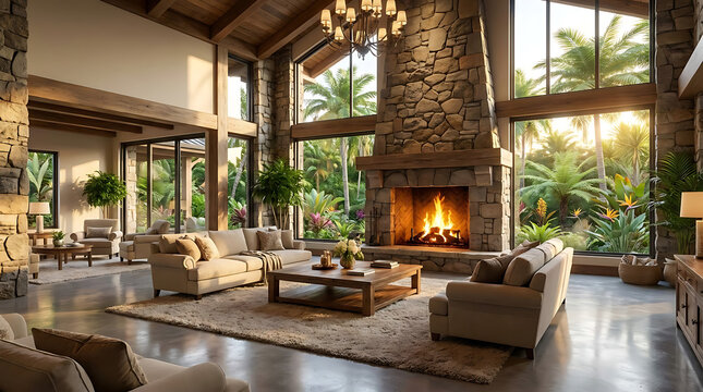 Elegant modern lounge area featuring a grand stone fireplace and expansive glass windows revealing a lush tropical garden sanctuary within a high-end contemporary architectural home.