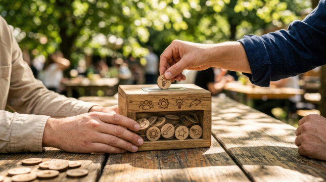 Wooden box innovation coin close up shot outdoor table hand deposit eco concept team collaboration sunlight idea wood box coin token symbol