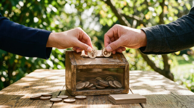 Wooden box with hands placing coin tokens, innovation concept in outdoor garden light
