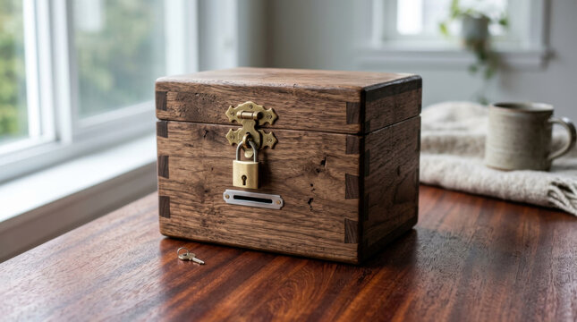 Wooden savings box with brass lock on table near window