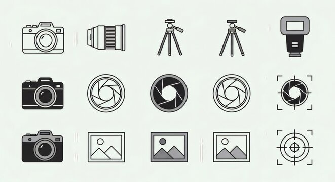 Photography Equipment Icon Set with Cameras, Tripods and Lenses