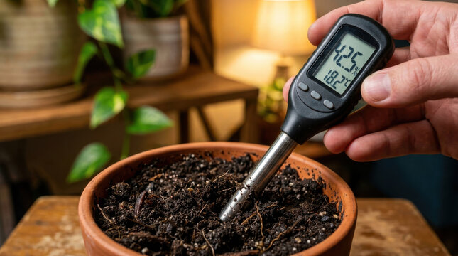 Soil moisture sensor probe in flower pot with hand measuring damp soil and temperature indoors