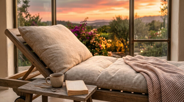 Outdoor patio sofa, wooden daybed, cushion, blanket, sunset, window view