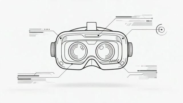 Futuristic line art drawing of a virtual reality headset with digital head-up display interface elements on a plain white background