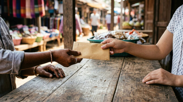 Market stall cash exchange hands envelope small shop trade payment local economy street market vendor customer transaction economy