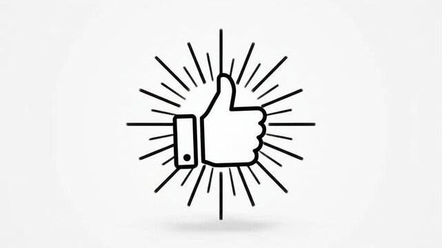 Minimalist black and white line art icon of a thumbs up gesture with a starburst effect representing approval and success