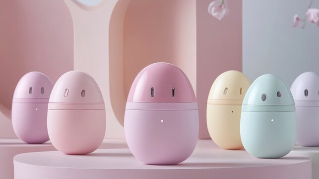 Pastel colored egg shaped electronic devices arranged neatly on a soft pink surface featuring smooth textures and minimalist design aesthetics perfect for modern home gadget marketing