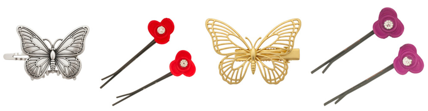 Elegant collection of ornate butterfly hair clips and decorative floral bobby pins.
