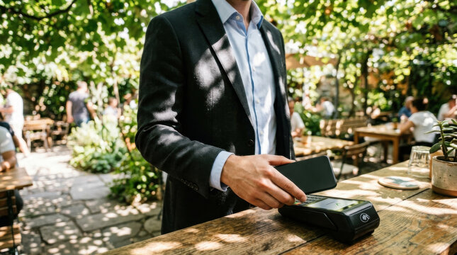 Cashless payment terminal outdoor cafe card reader smartphone contactless transaction