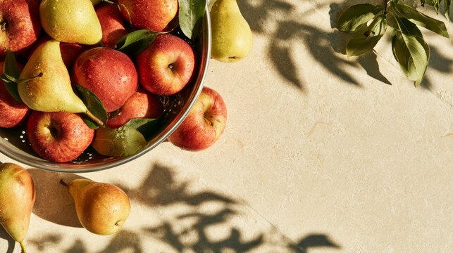 Fresh red apples and yellow pears in a metal colander on a light stone surface with green leaves and shadows cast by sunlight