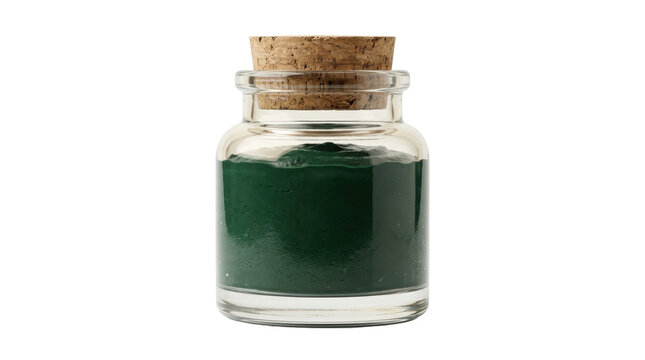 A small glass jar with a cork lid contains vibrant green spirulina powder, captured in a clean studio shot with a white background.