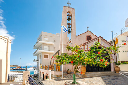 The Greek Orthodox Church of Agios Georgios (Saint George) located in the coastal town of Agios Nikolaos on the island of Crete, Greece.