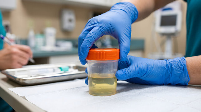 Close up of gloved hands holding a urine sample cup.