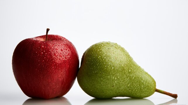 Fresh red apple and green pear with water droplets on a reflective surface, showcasing vibrant colors and textures against a light background