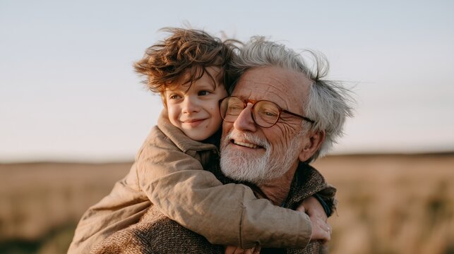 Elderly man with glasses smiles while carrying young boy on his back outdoors in a grassy field during sunset, showcasing a joyful moment between generations