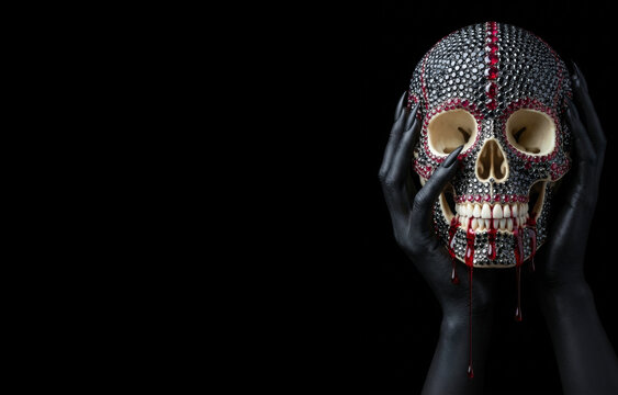 Creepy black hands holding a luxury jewel encrusted skull with dripping blood on a dark background representing glamorous gothic horror, macabre Halloween, and dark magic.