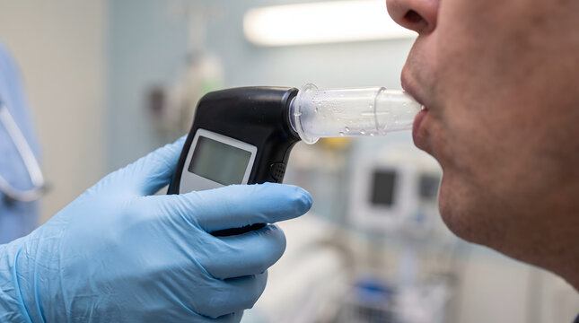 Close up of person blowing into a breathalyzer device.