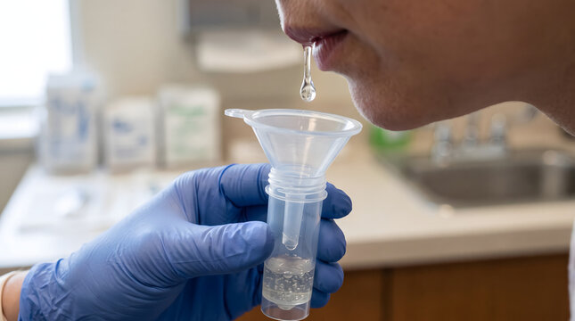 Close up of person collecting saliva sample for testing.