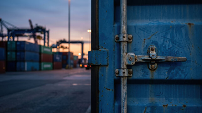 Shipping container blue metal close up lock latch cargo port dock freight storage industrial transportation logistics trade warehouse terminal