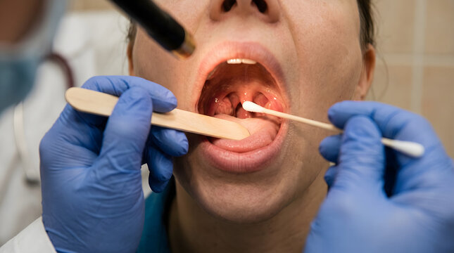 Doctor taking throat swab sample from patients mouth.