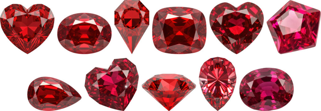 A stunning collection of red gemstones, showcasing diverse cuts and brilliant facets.