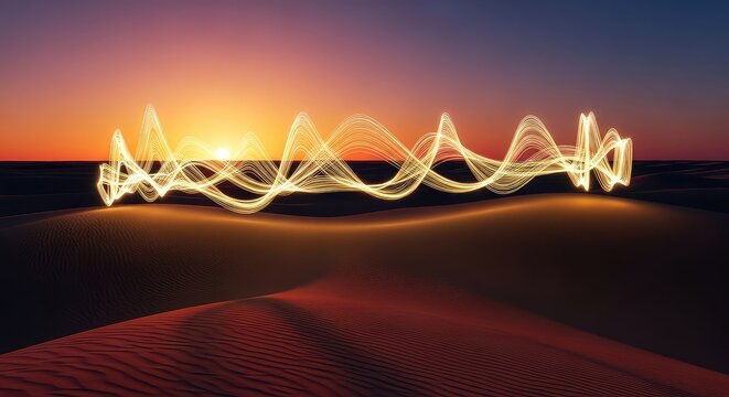 Ethereal entities of glowing golden light swirl above vast sand dunes at sunset, creating shimmering heat hazes and luminous desert effects, afternoon, dunes, yellow