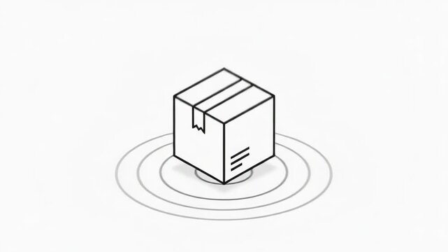 Isometric line art parcel box with radar or signal wave circles for delivery tracking concept
